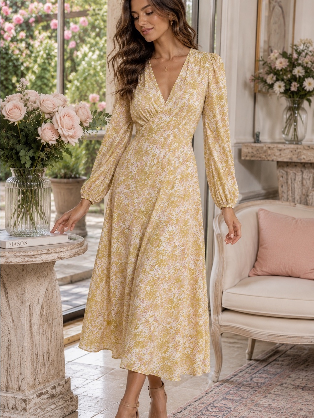 Dazy Cottagecore Floral Empire Waist Modest Midi Dress Soft Autumn Chartreuse M